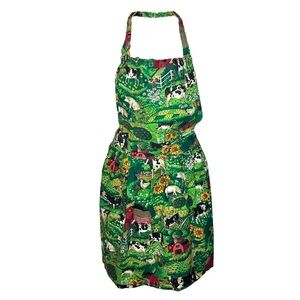 Handmade Vintage Farm Print ( Barnyard ) Green Apron with Cow Print - One Size